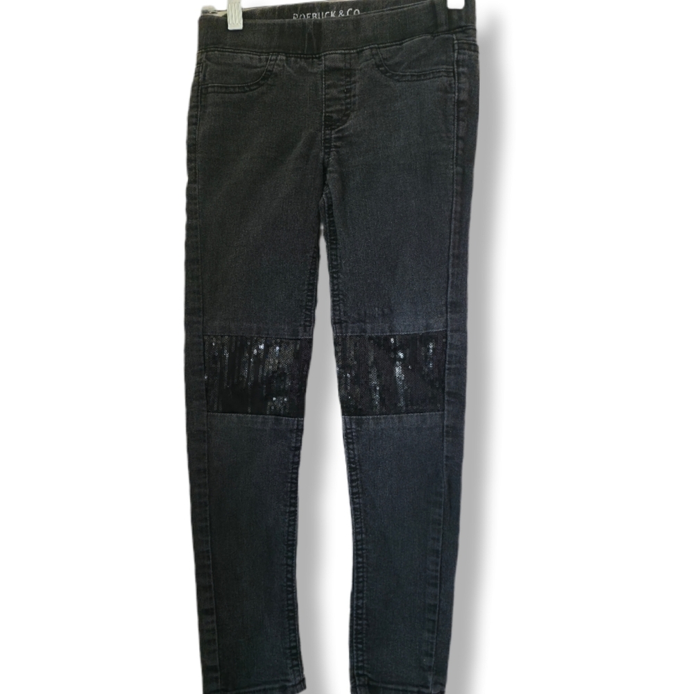 Roebuck & Co Size 8 Girls Sequin Knee Black Skinny Jeggings